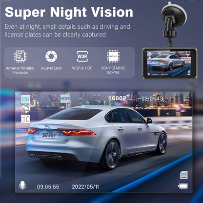 Miden S7 2.5K Front and Rear Dash Cam, 64GB SD Card, 1600P+1080P FHD Car Camera, 3.2" IPS 336° Wide Angle Camera, G-Sensor, WDR, 24H Parking Mode, Loop Recording