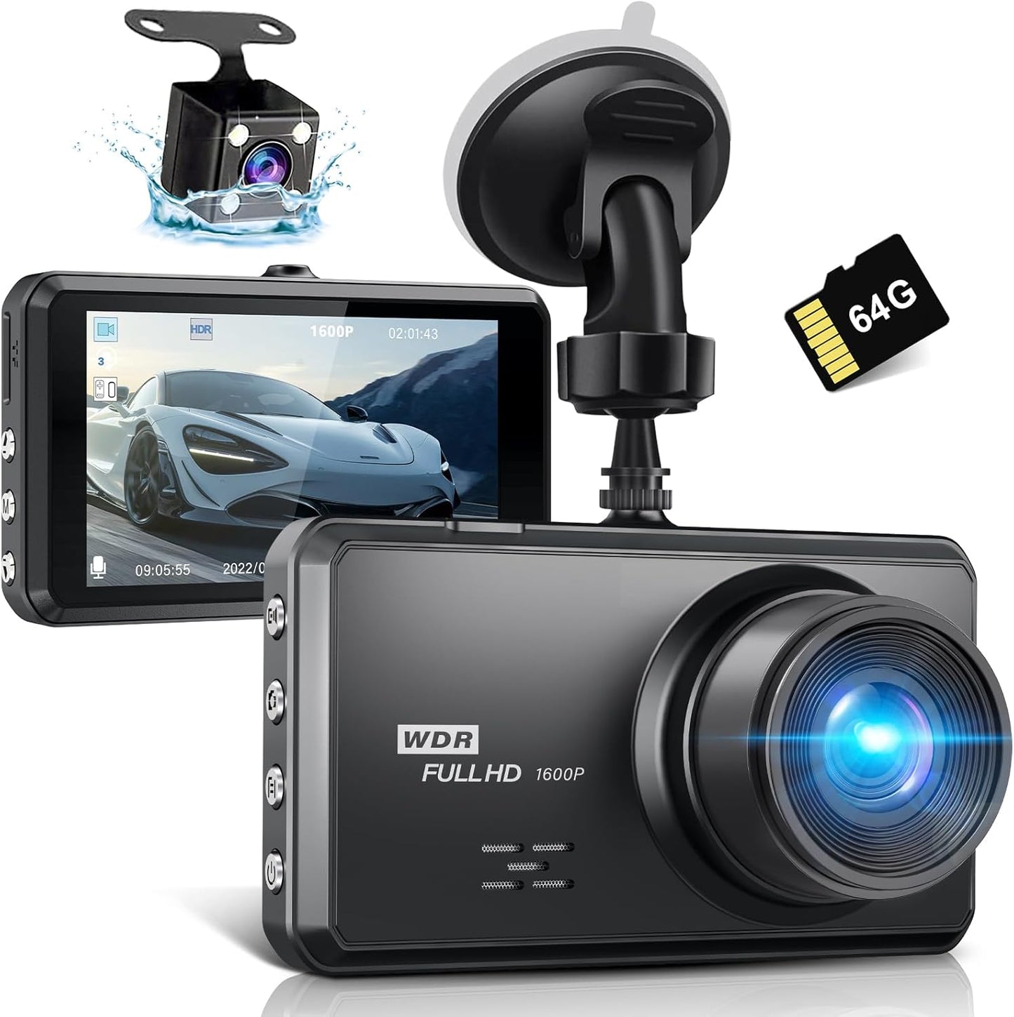 Miden S7 2.5K Front and Rear Dash Cam, 64GB SD Card, 1600P+1080P FHD Car Camera, 3.2" IPS 336° Wide Angle Camera, G-Sensor, WDR, 24H Parking Mode, Loop Recording