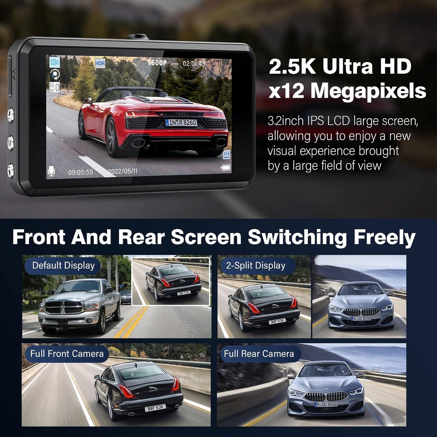 Miden S7 2.5K Front and Rear Dash Cam, 64GB SD Card, 1600P+1080P FHD Car Camera, 3.2" IPS 336° Wide Angle Camera, G-Sensor, WDR, 24H Parking Mode, Loop Recording