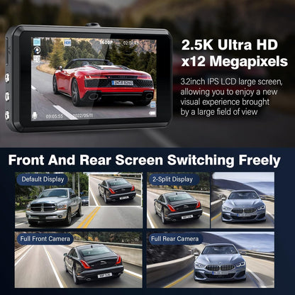 Miden S7 2.5K Front and Rear Dash Cam, 64GB SD Card, 1600P+1080P FHD Car Camera, 3.2" IPS 336° Wide Angle Camera, G-Sensor, WDR, 24H Parking Mode, Loop Recording
