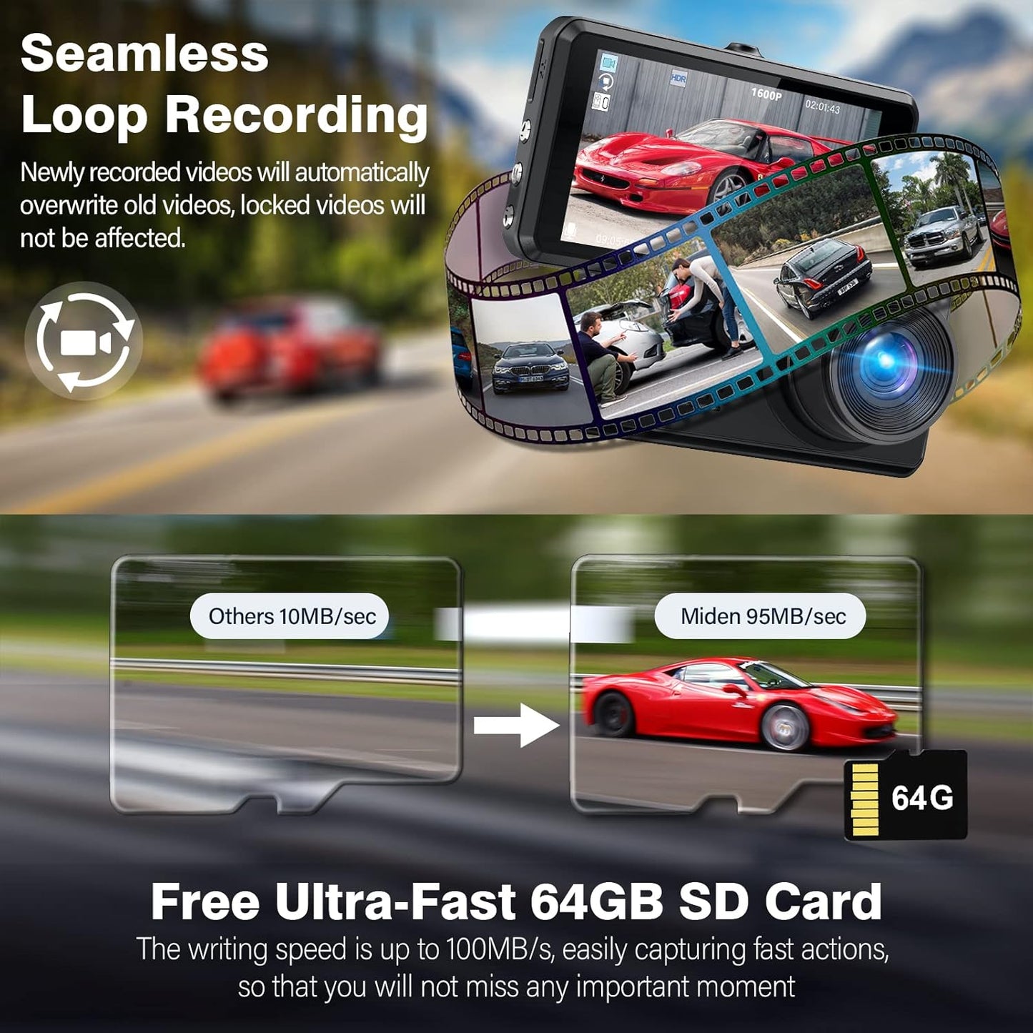 Miden S7 2.5K Front and Rear Dash Cam, 64GB SD Card, 1600P+1080P FHD Car Camera, 3.2" IPS 336° Wide Angle Camera, G-Sensor, WDR, 24H Parking Mode, Loop Recording