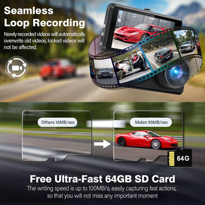 Miden S7 2.5K Front and Rear Dash Cam, 64GB SD Card, 1600P+1080P FHD Car Camera, 3.2" IPS 336° Wide Angle Camera, G-Sensor, WDR, 24H Parking Mode, Loop Recording
